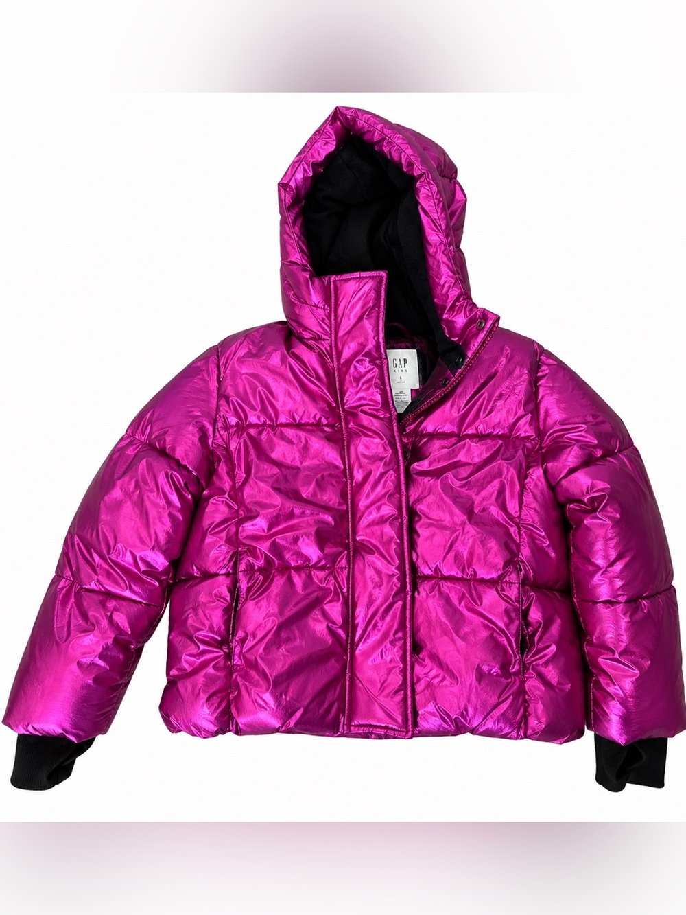 GAP Kids Girls Metallic Fuchsia Pink Hooded Puffer Jacket Size S